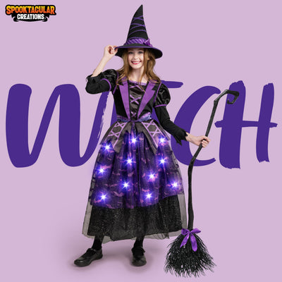 Spooktacular Creations Halloween Witch Costume Kids, Light Up Witch Dress with Hat and Broom for Girls, Toddlers Bat Outfit Set for Halloween Costumes Role Play Parties, Purple (3T(3-4 yrs))