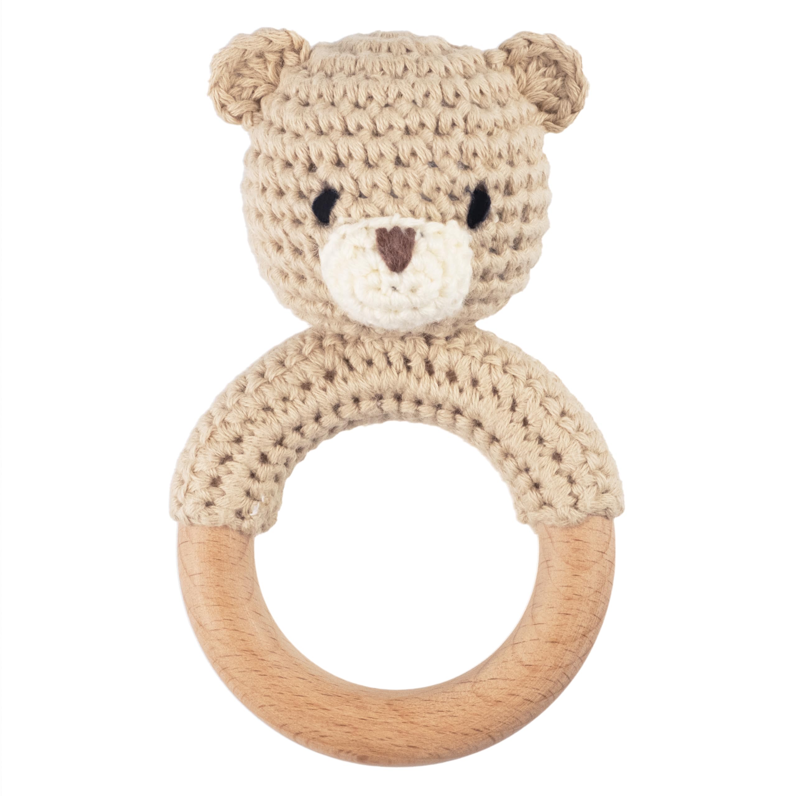 Joliecraft Safari Animals Wooden Baby Rattle Toys Stuffed Crochet Rattle with Teether Ring for Newborn, Beige Bear