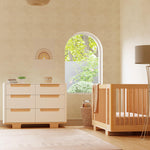 Babyletto Yuzu 6-Drawer Dresser with Over 10-Inch Drawer Extension in White and Natural, Greenguard Gold Certified