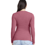 Motherhood Maternity Women's Long Sleeve V-Neck Side Ruched Henley Pregnancy Tee Shirt, Red Violet, Medium