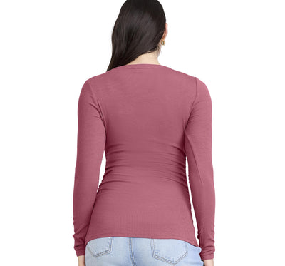 Motherhood Maternity Women's Long Sleeve V-Neck Side Ruched Henley Pregnancy Tee Shirt, Red Violet, Medium