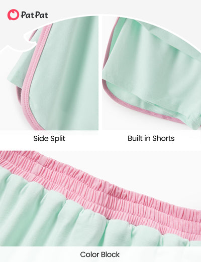 PATPAT Girls 2 Piece Outfits Size 7-8 Years, Green Pink Color Block Tshirts and Skorts Clothing Sets, Girls Summer Outfits, Trendy Clothes Skirt Sets Summer Clothes Lounge Sets
