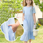 PATPAT Tween Girls Dress Summer Spring Maxi Casual Short Sleeve Flowy Long Dresses with Pockets Blue Size 10-11