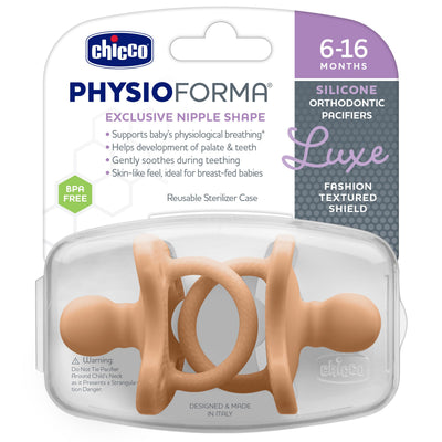 Chicco PhysioForma Luxe Orthodontic Pacifier for Babies 6-16 Months, One-Piece 100% Soft Silicone, Supports Breathing, Textured Shield & Handle, Sterilizing Case, BPA Free, 2-Pack, Cantaloupe