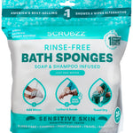 Package of Scrubzz rinse-free bath sponges with text and icons on a white background