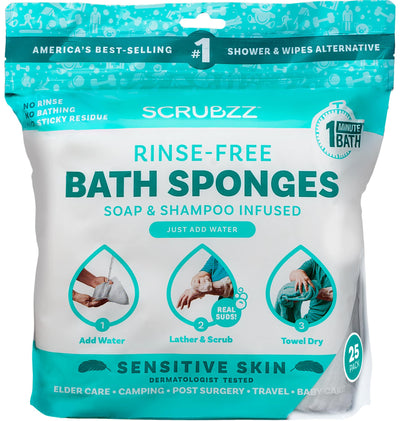 Package of Scrubzz rinse-free bath sponges with text and icons on a white background