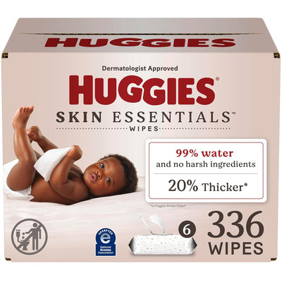 Huggies Skin Essentials wipes packaging with a baby on the box.