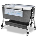 3 in 1 Baby Bassinet,Bedside Sleeper with Storage Basket and Wheels,Portable Baby Crib with Mosquito Net, 6 Adjustable Height & Breathable Mesh,Easy to Fold (White&Grey)