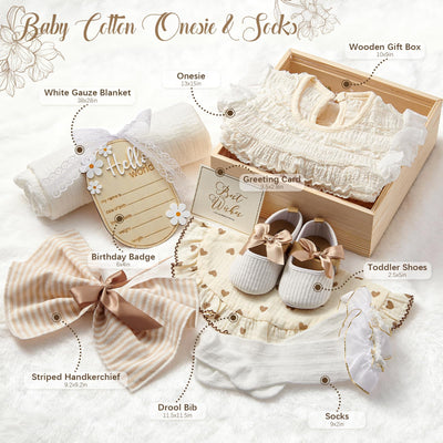 Golray Wooden Baby Gift Basket Newborn Girls Baby Shower Gifts Cloth Set with Bodysuit/Soft Shoes/Socks/Blanket/Bib/Headband/Wood Milestone, New Born Baby Girl Clothes Gender Reveal Gift Stuff