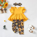 Kucnuzki 2T-3T Girls Clothes Toddler Outfit Cute Short Sleeve Yellow Ruffle Tops Shirt Floral Pants Set for 2-3 Years Old Soft Little Girl Outfit