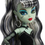 Monster High x Barbie Frankie Stein Doll with Original Barbie-Inspired Swimsuit and Solo in The Spotlight Black Evening Dress and Accessories