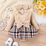 Baby Girl Clothes Fall Winter Outfit Plaid Romper Long Sleeve Dress Lace Ruffles Bodysuit with Bow Headband