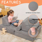Betterhood Modular Kids Play Couch, Kids Couch Building Fort for Playroom, Children Convertible Foam Cushion for Boys and Girls (Round Armrest, Grey)