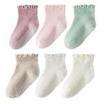 ANYANIME Toddler Ruffle Socks for Girls - 6 Pairs Non Slip Grippy Frilly Socks