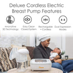 Crane Deluxe Double Electric Cordless Rechargeable Breast Pump, Portable, Closed System, Overflow Protection