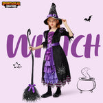 Spooktacular Creations Halloween Fairytale Witch Dress for Kids, Girls Cute Witch Costume Deluxe Set with Broom for Toddler Halloween Role Play Parties, Purple (L 10-12)