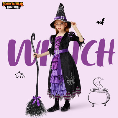 Spooktacular Creations Halloween Fairytale Witch Dress for Kids, Girls Cute Witch Costume Deluxe Set with Broom for Toddler Halloween Role Play Parties, Purple (L 10-12)