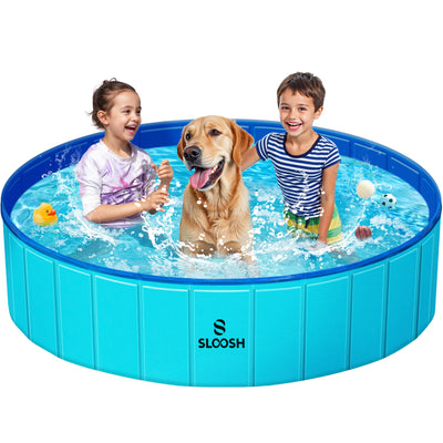 Sloosh Foldable Dog Kiddie Pool - Portable Hard Plastic Doggie Swimming Pool, Anti-Slip Collapsible Pets Bath Tub Suitable for Kids Indoor Outdoor Backyard Use (71" x 12", Blue)