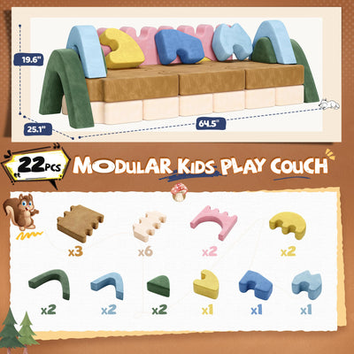 CoziBB 22Pcs Modular Kids Play Couch, Toddler Couch with Convertible and Multifunctional Foam for Inspiring Child Creativity, Kids Couch for Playroom Bedroom - Junlge Theme