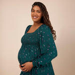 Motherhood Maternity Women's Long Sleeve Smocked Babydoll Mini Dress, Teal Ditsy, Small