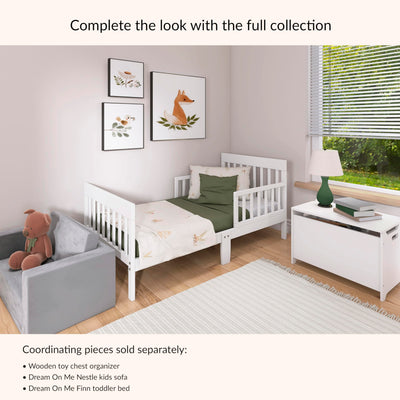 Dream On Me Finn Toddler Bed in White, Greenguard Gold and BSA Certified, Non-Toxic Finish, Made of Sustainable New Zealand Pinewood, Low-to-Floor Design with Safety Guard Rails