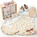 Golray Wooden Baby Gift Basket Newborn Girls Baby Shower Gifts Cloth Set with Bodysuit/Soft Shoes/Socks/Blanket/Bib/Headband/Wood Milestone, New Born Baby Girl Clothes Gender Reveal Gift Stuff