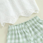 Toddler Baby Girl Outfit Summer Sleeveless Lace Hollow Out Crop Tank Tops Plaid Wide Leg Pants Set 2PCS Clothes