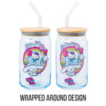 Silver Buffalo Sanrio Hello Kitty & Friends Floating Car Balloons Featuring Cinnamoroll, Pochacco, and Keroppi Glass Jar Tumbler with Bamboo Lid and Glass Straw, 16 Ounces