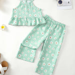 Kucnuzki Baby Girl Outfit 18 24 Months Girl Clothes Summer Toddler Clothes Cute Green Floral Beach Shirt Camisole Top with Long Leg Pants Two Piece Baby Outfit