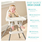 Regalo Baby Basics® High Chair for Babies and Toddlers, Baby High Chair with Removable Oversized Tray & Cup Holder, 5-Point Harness, Easy to Clean Toddler High Chair, White