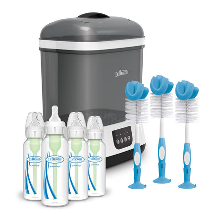 Baby bottle set with sterilizer and cleaning brushes on a white background