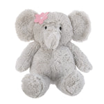 Plush elephant toy with a pink flower on a white background