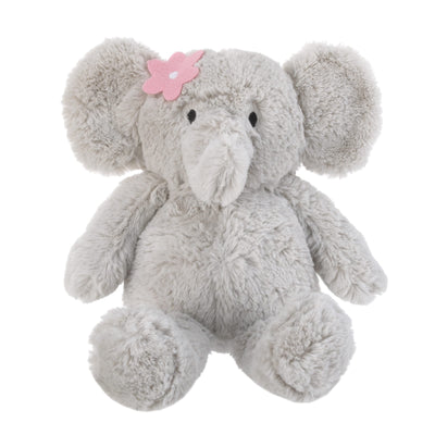 Plush elephant toy with a pink flower on a white background