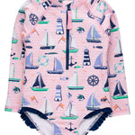 RuffleButts Girls UPF50+ Sun Protection Front Zipper Long Sleeve Rash Guard One Piece Swimsuit - Pink Sweet Sails, 2T