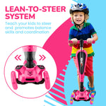 Hurtle 3 Wheeled Scooter for Kids - 2-in-1 Sit/Stand Child Toddlers Toy Kick Scooters w/ Flip-out Seat, Adjustable Height, Wide Deck, Flashing Wheel Lights, For Boys/Girls 1 Year Old+ (Pink)