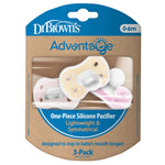 Dr. Brown's Advantage One-Piece Silicone Baby Pacifier, Fully Symmetrical Soother, Ecru/Light Pink/Pink, 0-6m, BPA-Free, 3-Pack