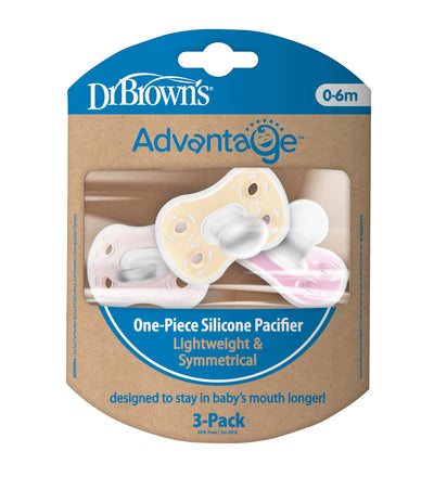 Dr. Brown's Advantage One-Piece Silicone Baby Pacifier, Fully Symmetrical Soother, Ecru/Light Pink/Pink, 0-6m, BPA-Free, 3-Pack