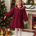 2T 3T Girl Clothes Toddler Girl Peter-Pan Collar Dress Kids Clothes Long Sleeve Ruffle Red Dress Fall Winter Baby Outfit with Cute Crossbody Bag