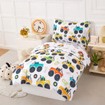 PERFEMET 4-Piece Toddler Bedding Set - Colorful Car Printed Toddler Comforter Set for Boys, Reversible Fluffy Toddler Bed Set for Baby Bedroom (White, Car Pattern)