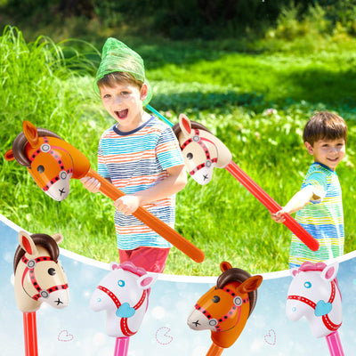 Chivao 12 Pieces Inflatable Stick Horse Cute Horse Head Stick Blow up Balloon Colorful Cowboy Cowgirl Party Decorations for Themed Birthday Party(Red and Pink and Coffee Color)