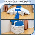 Stmoze 13PCS Modular Kids Play Couch, Kids Couch with Washable Velvet Cover, 5 Seconds Instant Expansion,Convertible Foam and Floor Cushion for Nursery Playroom, Blue & Beige