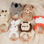 Personalized Crochet Baby Rattle, Wooden Animal Crochet Rattle, Wooden Rattle Ring with Engraved Baby Name, Baby Shower Gifts, Newborn Gifts