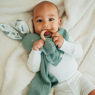 Mikito Organic Cotton Newborn Gifts Box, Baby Gifts Unisex incl. Muslin Baby Lovey Comforter + Baby Bandana Bib Drool + Wooden Baby Teether + Birth Announcement Sign, Baby Gift Set, Loveys for Babies