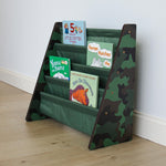 Humble Crew 4-Tier Kids Bookshelf, Camo Wood/Green - Premium Book Shelf for Kids Rooms with Four Deep Pockets - Toddler Sling Book Rack with Deep Sleeves, Nursery Bookcase Organizer