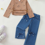 Baby Girl Outfit 18 24 Months Girl Clothes Khaki Long Sleeve Shirts Tops Wide Leg Jeans Pants Toddler Casual Clothes Fall Winter Clothing Set