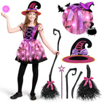 Spooktacular Creations Girls Light Up Witch Costume, Kids Witch Costume with Hat and Broom for Toddler Halloween Dress Up Parties (Small (5-7 yr))