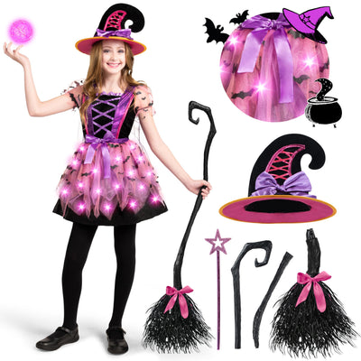 Spooktacular Creations Girls Light Up Witch Costume, Kids Witch Costume with Hat and Broom for Toddler Halloween Dress Up Parties (Small (5-7 yr))