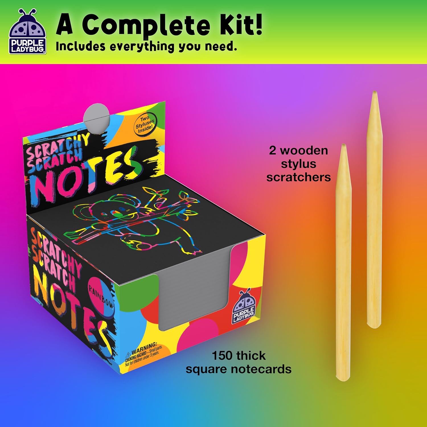 PURPLE LADYBUG 150 Rainbow Scratch Art Mini Notes - Arts and Crafts Supplies, Fun & Colorful Scratch Paper for Kids & Teens Gift, Activities for Summer, Wedding, Birthday Party, Travel, Camping