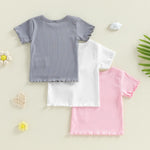 3 Pack Kids & Toddler Baby Unisex Puff Sleeve Shirt, Girl Boy Crewneck Cotton T Shirt, Pure Color Basic Tees 6M-5Y (Pink/White/Grey, 6-12 Months)