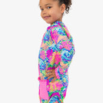 RuffleButts Girls UPF50+ Sun Protective Ruched Quarter-Zip Cover-Up - Neon Ocean Coral, 3-6m